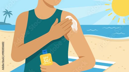 This flat design illustrates the important act of applying sunscreen on a sunny beach, emphasizing sun protection during a summer holiday. It's a simple yet crucial aspect of a beach vacation.

