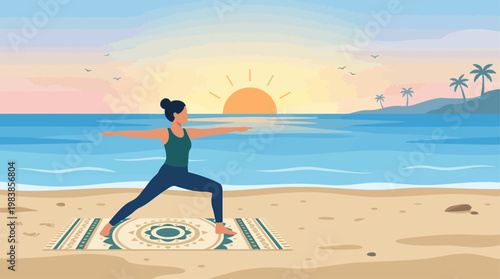 A tranquil flat design illustration of a person practicing a graceful yoga pose on the beach during a serene sunrise. This image represents wellness and mindfulness during a summer holiday or vacation