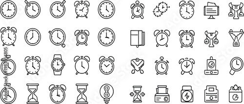 Time and Clock Line Icons Set with Alarm, Stopwatch, Hourglass and Schedule Outline Illustration Collection