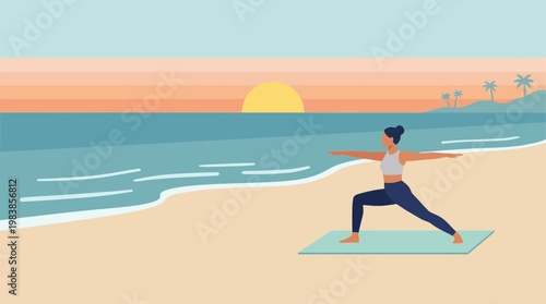 A tranquil flat design illustration of a person practicing a graceful yoga pose on the beach during a serene sunrise. This image represents wellness and mindfulness during a summer holiday or vacation