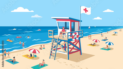 A classic flat design illustration of a vibrant lifeguard station positioned on a sunny, expansive beach under a clear sky. This image symbolizes safety and vigilance during a summer holiday