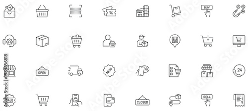 Shopping line editable icon set. Containing cart, shop, offer, delivery, e-commerce, buy, product, customer, online shopping and more. Editable stroke.