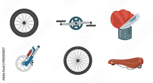 Bicycle and cycling equipment collection showcasing bike parts and accessories