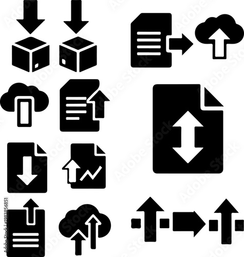 Black file transfer, upload, download icons, 13 symbols, vector graphics