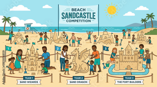 This lively flat design depicts a bustling sandcastle competition, with diverse participants showcasing their creative sand sculptures on a sunny beach. 