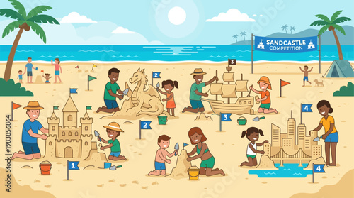 This lively flat design depicts a bustling sandcastle competition, with diverse participants showcasing their creative sand sculptures on a sunny beach. 