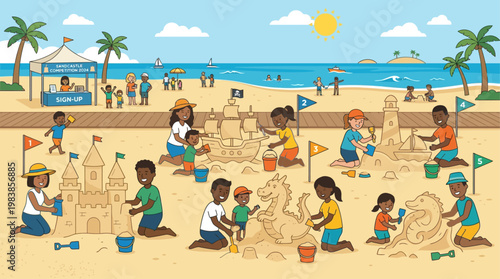 This lively flat design depicts a bustling sandcastle competition, with diverse participants showcasing their creative sand sculptures on a sunny beach. 