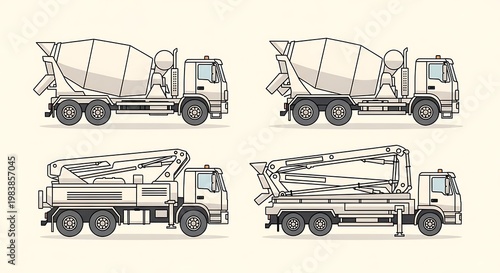 Four stylized construction vehicles, two concrete mixers and two concrete pumps, in a flat vector illustration style