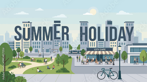 A stylish flat design illustration featuring 'SUMMER HOLIDAY' typography integrated into a modern urban landscape, highlighting city breaks and leisure activities in a metropolitan environment. 