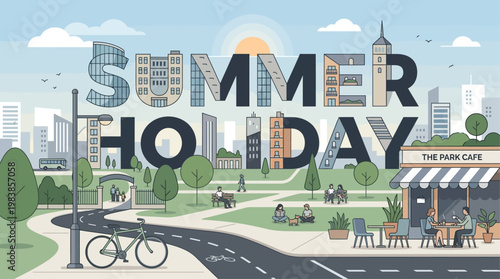 A stylish flat design illustration featuring 'SUMMER HOLIDAY' typography integrated into a modern urban landscape, highlighting city breaks and leisure activities in a metropolitan environment. 