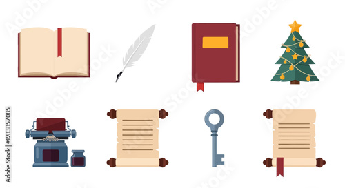 Collection of Vintage Books, Scrolls, and Literary Accessories