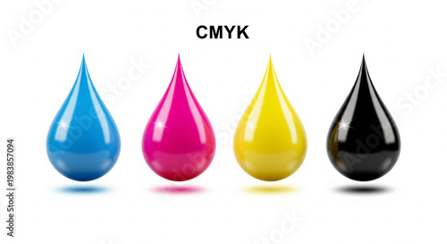 Glossy magenta and yellow ink droplets representing CMYK printing process, isolated on white background, professional print production concept, color calibration and graphic design technology