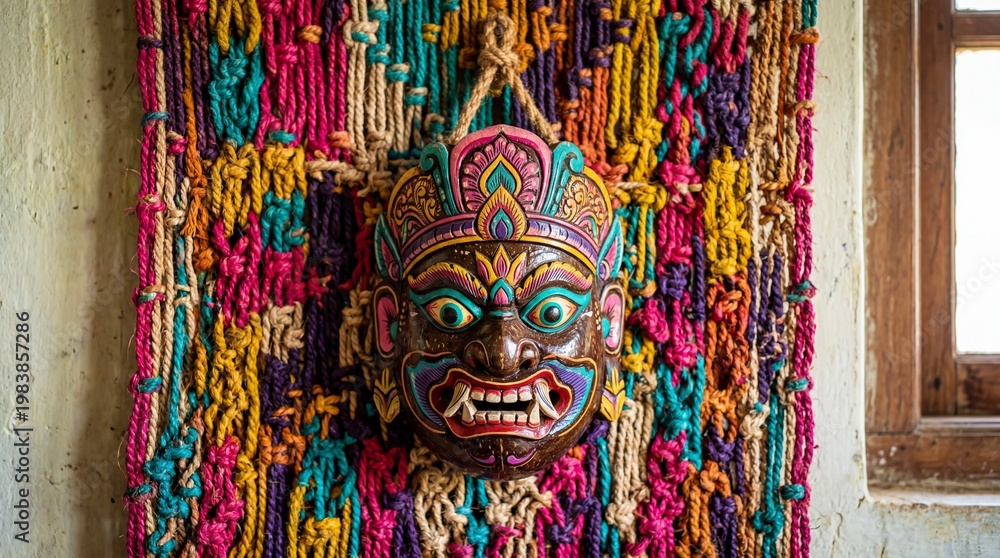 Fototapeta premium Abstract Cultural Artwork – Traditional Coconut Husk Mask Centered on Dense Multicolored Coir Rope Wall Background