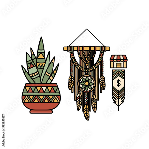 Boho macrame wall hanging, potted succulent plant, and feather decor