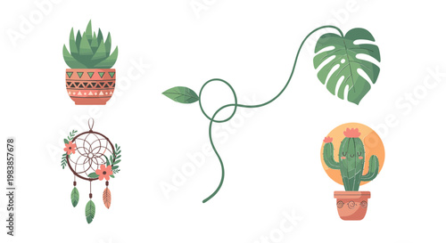 Boho Plant Collection: Succulent, Cactus, Monstera Leaf & Dreamcatcher