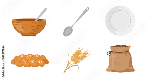 Cereal Breakfast Ingredients with Wheat, Sack and Plate