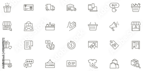 Store and commerce icon set. Thin line editable stroke icons for retail, online shopping, small business, e-commerce, logistics, checkout, promotions, marketing, delivery and customer experience