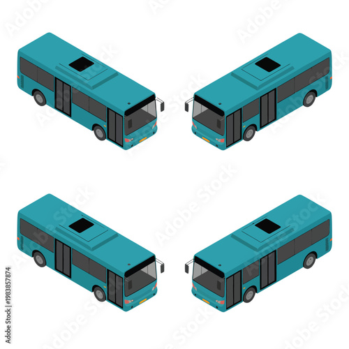 Foto Isometric teal buses displayed in four different rotational views