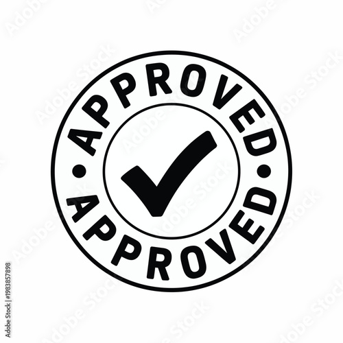Black and white circular stamp displaying the word approved with a checkmark
