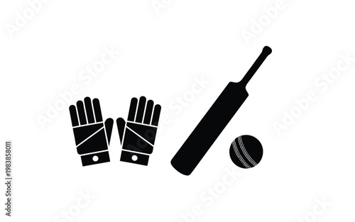 Black silhouette of cricket equipment bat ball and wicket keeping gloves