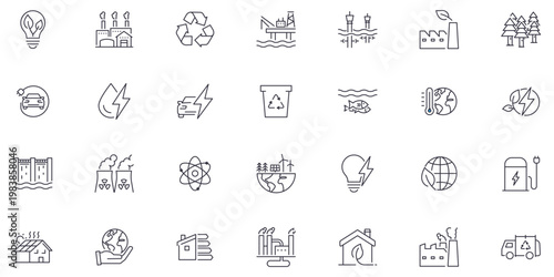 Sustainability and energy icon set. Thin line editable stroke icons for renewable energy, recycling, green industry, eco factories, global warming, environmental protection, and clean technology.
