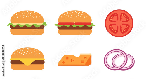 Assorted Fast Food Items Including Burgers, Tomato, Cheese, and Onion Rings