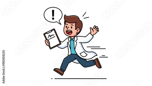 Urgent Doctor Running with Clipboard & Exclamation Mark. Medical Emergency, Time-Sensitive Information, Healthcare Crisis Concept