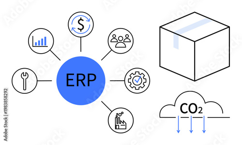 Enterprise planning, supply chain, sustainability, resource optimization, logistics, emissions tracking. Central ERP hub with process icons, cloud symbol showing CO2 emissions package. ERP