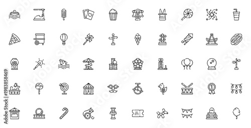 Fair_5410 icon set. Carnival and fair vector icons pack. Minimal line icons for amusement park, games, food, rides, attractions, and festival. Editable stroke.
