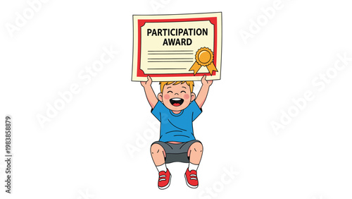 Happy cartoon boy proudly holding a participation award certificate