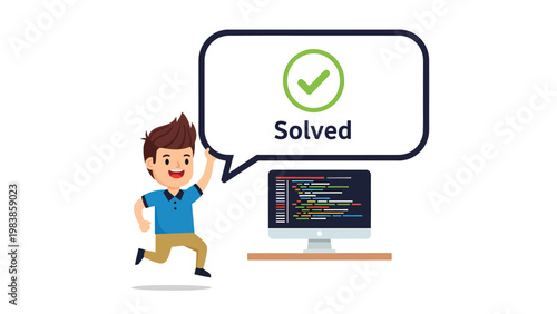 Successful coding: Happy boy programmer solves problem with green checkmark