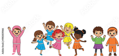 Diverse Cartoon Children in Colorful Clothing Expressing Happiness and Joy for Fun and Inclusive Kids Illustration Projects
