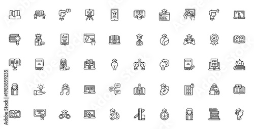 Learning icon set. Vector illustration pack. Includes symbols for student, book, elearning, tutorial, language, exam, science, knowledge and more. Editable stroke.