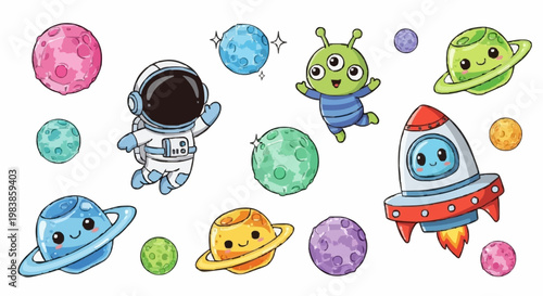A vibrant collection of space-themed clip art featuring a three-eyed green alien, a cute rocket ship, various colorful planets with faces, and a waving astronaut.