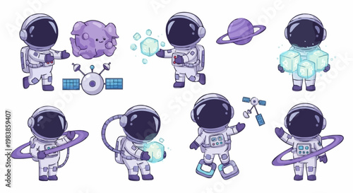 A collection of purple-themed cute astronaut cartoon characters in various poses, including floating with glowing cubes, satellites, and planets