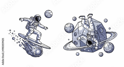Black and white line art of an astronaut surfing on a flaming comet and another astronaut floating upside down near a geometric, faceted planet.