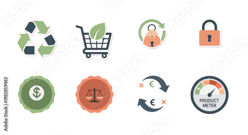 diverse business and finance flat design icons representing sustainability shopping security currency and product metrics