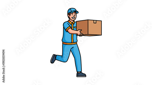Smiling Courier Running with Cardboard Box for Express Delivery Service. Fast Shipping and Logistics Illustration.