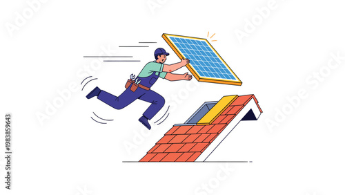 Energetic worker installing solar panel on house roof, promoting sustainable clean energy solutions