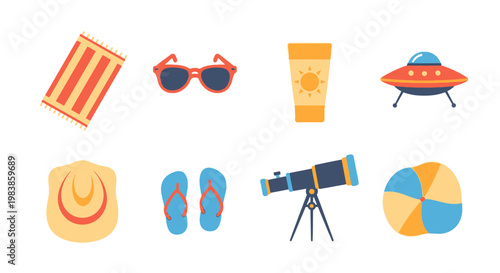 Beach Vacation Accessories Collection with Sunglasses Hat and Telescope