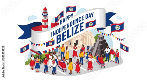 Happy Independence Day Belize celebration with traditional dancers and national symbols.