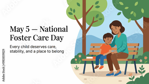 National Foster Care Day with caregiver and child sitting on park bench, family support and child wellbeing concept, modern flat vector illustration