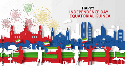 Equatorial Guinea Independence Day celebration with city skyline and festive fireworks.