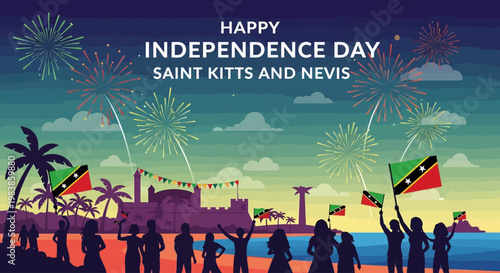 Saint Kitts and Nevis Independence Day celebration with people waving flags and fireworks