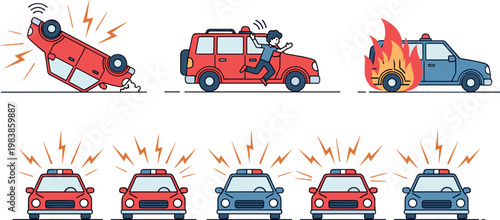 Emergency Vehicle and Accident Response Illustration Set with Fire, Police, and Rescue Scenes for Safety and Service Designs