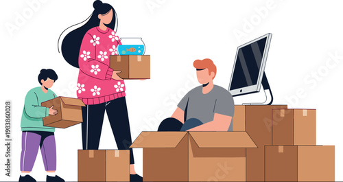 Family Moving House Illustration with Boxes, Packing, and Unpacking for Relocation and Home Design