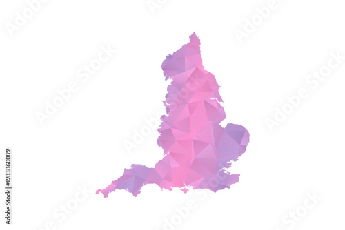England Map - Polygon Style Vector Illustration in Pink and Purple Gradient, Low Poly Geometric Design, Isolated on White Background for Infographics and Education.