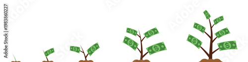 Illustration showing four stages of money tree growth from tiny sprout to fully bloomed tree with dollar bills instead of leaves. Symbolizes financial growth and investment success.