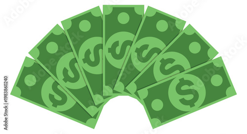Vector illustration, a fan of green dollar bills with prominent dollar signs. Stylized currency notes arranged in a semi circular layout. Ideal for finance promotional materials or stock imagery.