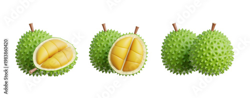 Realistic 3D illustration of delicious and exotic durian fruit, featuring whole and cut variations revealing its creamy yellow pulp, perfect for tropical food themes